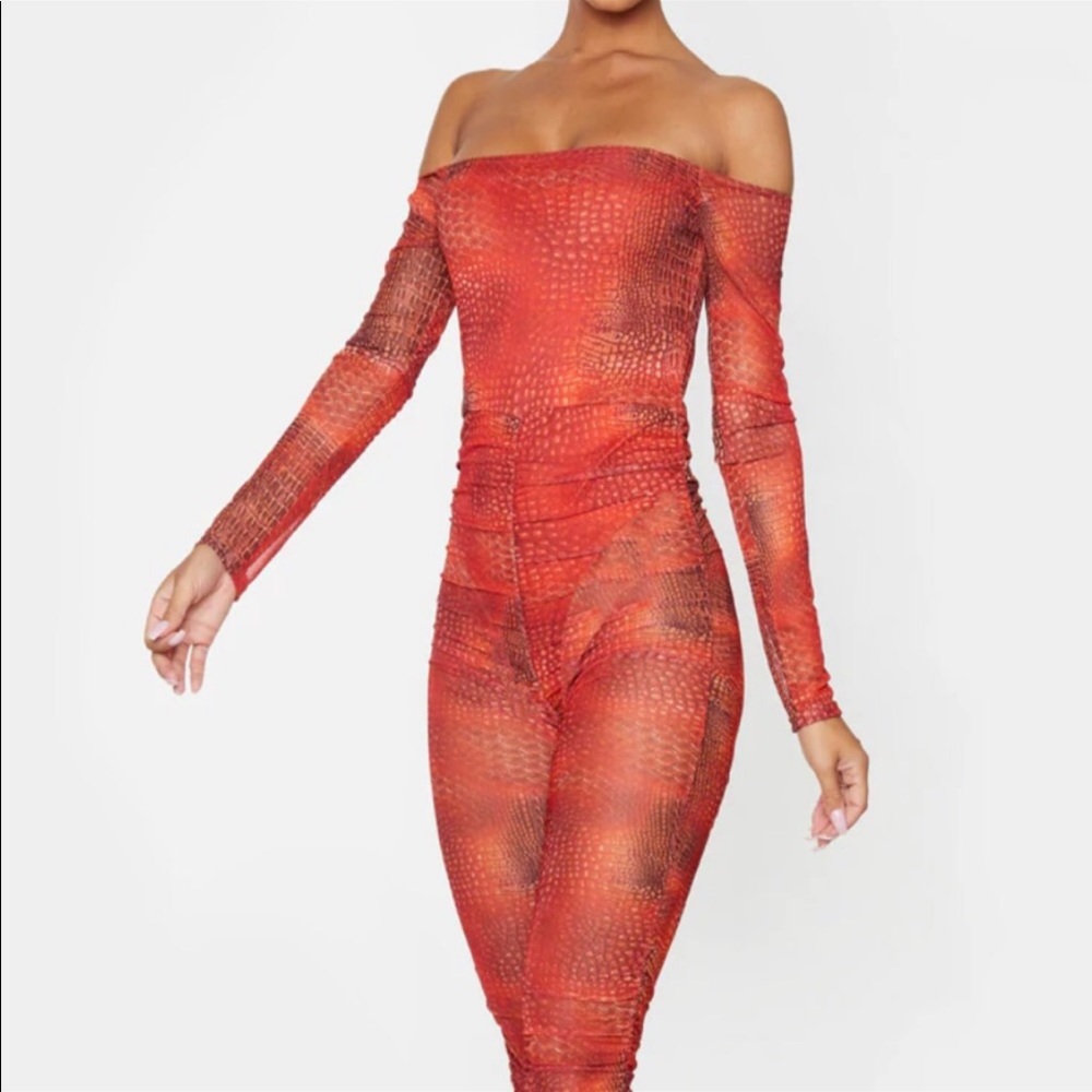 LIKE NEW PLT Red-Orange Croc Print Ruched Mesh Bardot Jumpsuit Full Bodysuit 4US - Picture 3 of 7